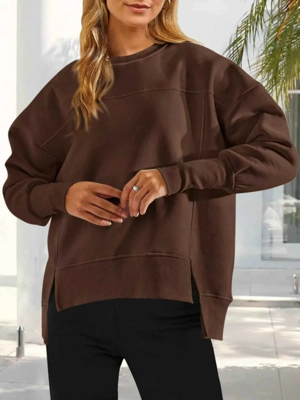 Slit Round Neck Dropped Shoulder Sweatshirt 09c3cd61598b49509d19e8a7a425fc50-Max-Origin
