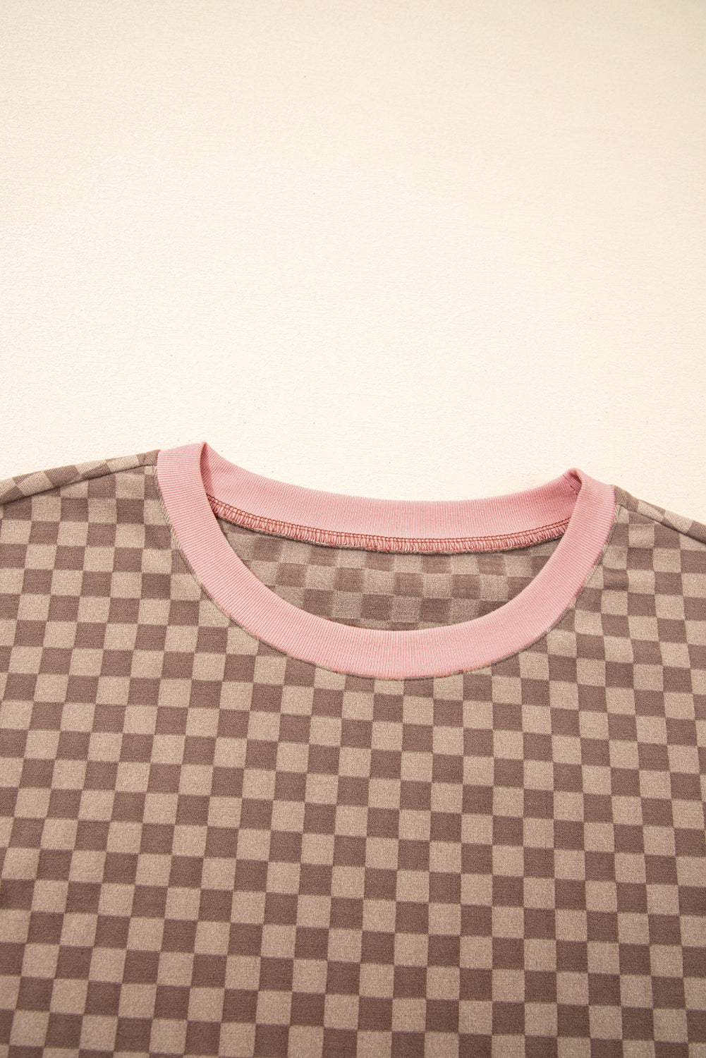 Brown Checkerboard Contrast Trim Long Sleeve Pullover and Shorts Set 09da5bc57dce7a95