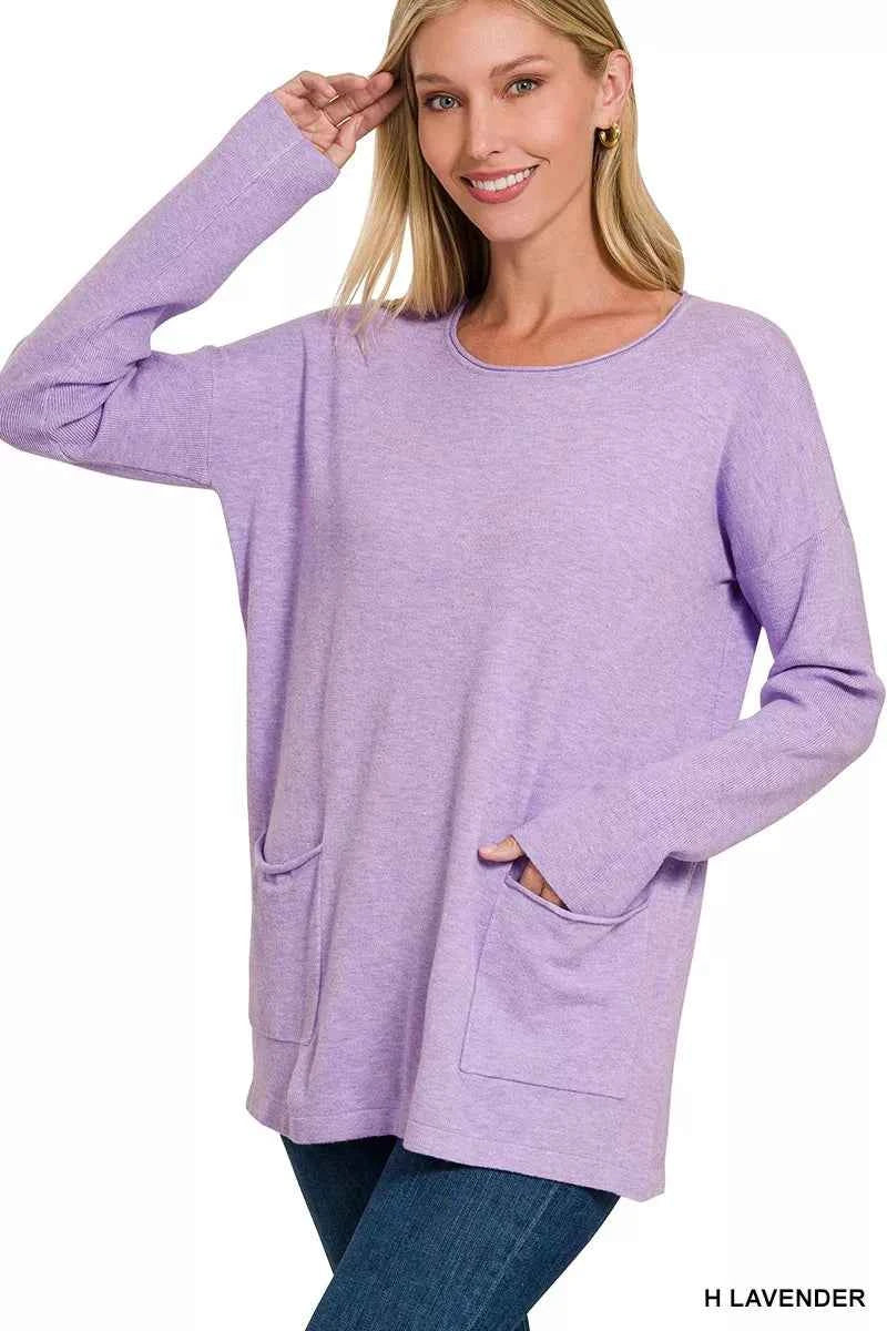 Zenana Viscose Long Sleeve Front Pockets Sweater H LAVENDER 09e8248cd1cf44c2802dcc6762c25f8b-Max-Origin