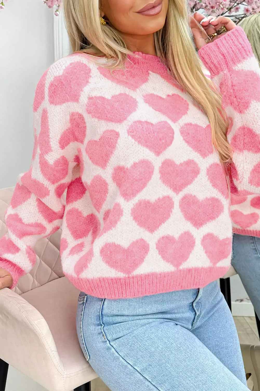 Strawberry Pink Love Heart Valentine Knit Sweater Strawberry Pink 65%Acrylic+35%Polyamide 0a2d574cbaff02f0
