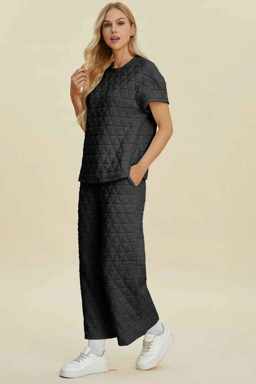 Double Take Full Size Texture Round Neck Short Sleeve Top and Pants Set 0a3df13e-dab3-4634-81f0-e4f6ab171778-Max