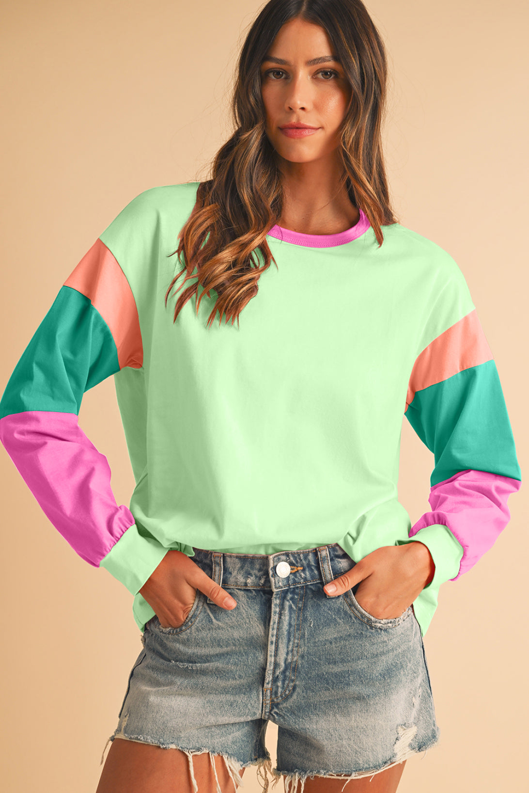 Green Color Block Sleeve Loose Fit Top 0a3ebac38b7b3e97