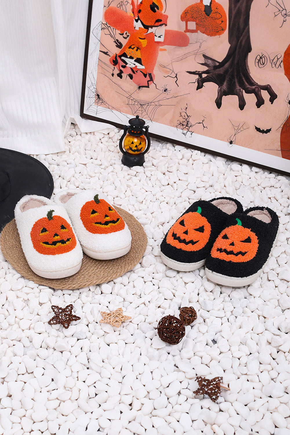 White Halloween Pumpkin Print Plush Slippers Black 100%Polyester+100%TPR 0a43945fb857d84b