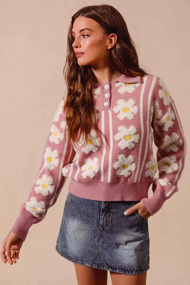 SO ME Floral Stripe Polo Collar Sweater 0a4930bc-8235-4e14-840d-42edd4e510ec-Max-Origin