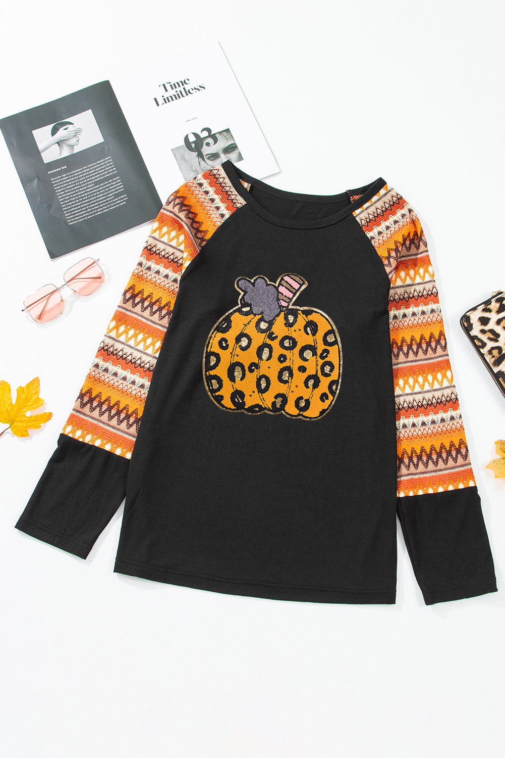 Orange Leopard Pumpkin Sequins Patch Contrast Long Sleeve Top 0a6ed1ed25a38b55