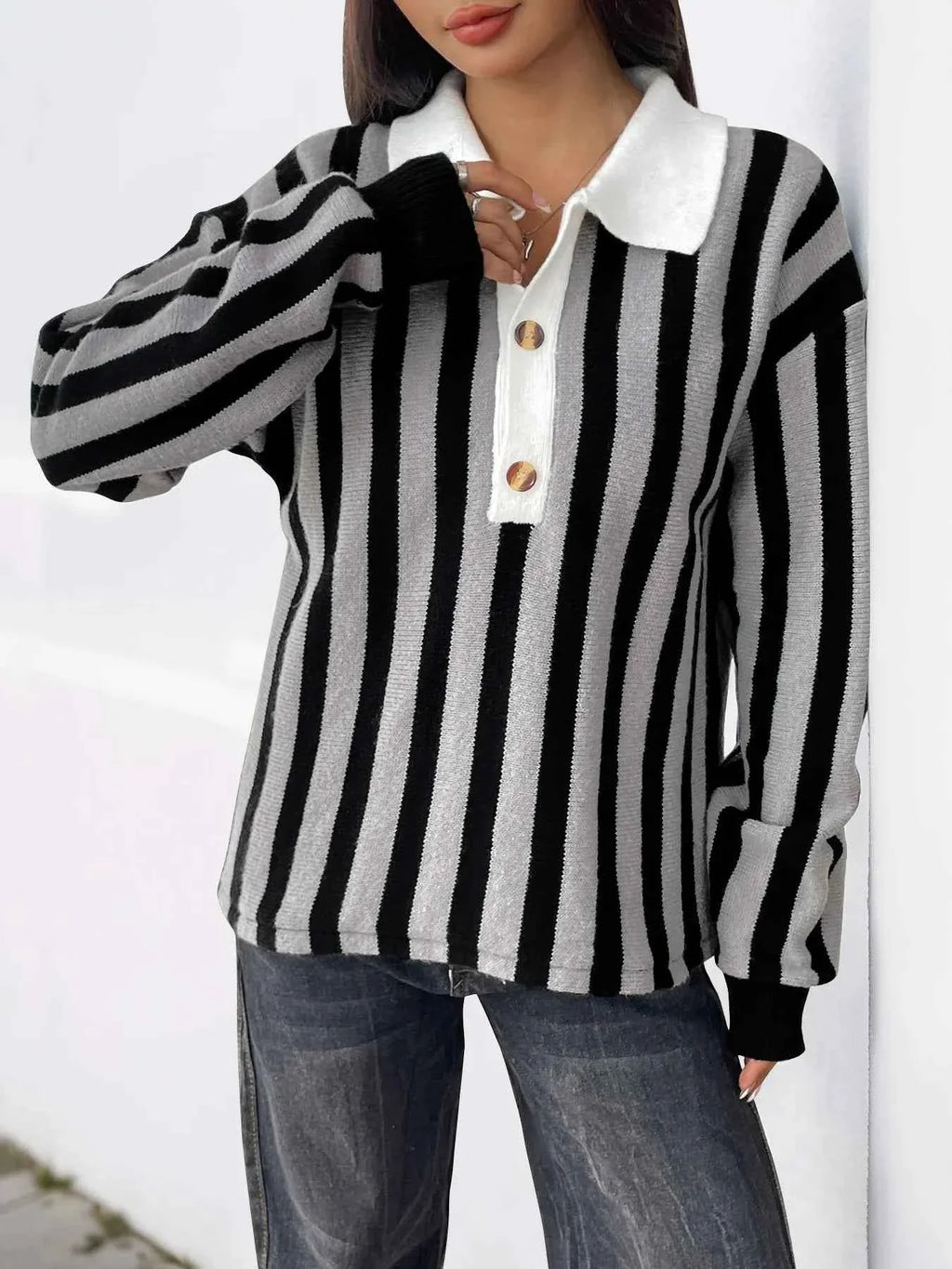 Striped Button Front Long Sleeve Sweater Dark Gray 0a70293214a44a83896c8d1f1e4e4ed9-Max-Origin
