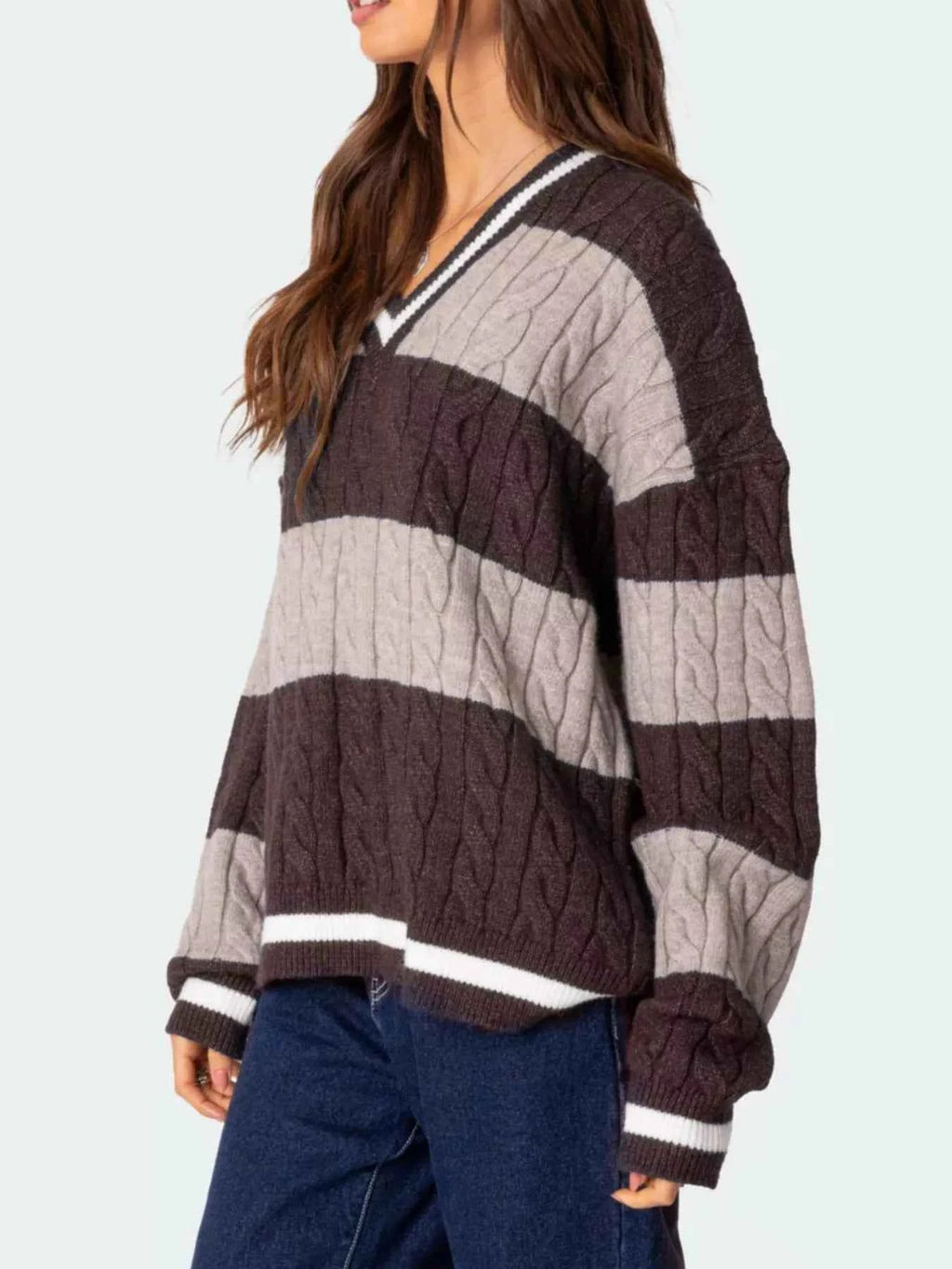 Striped Cable Knit V-Neck Sweater 0a716547-9335-4d8e-9d3b-71f58d8304a6-Max-Origin