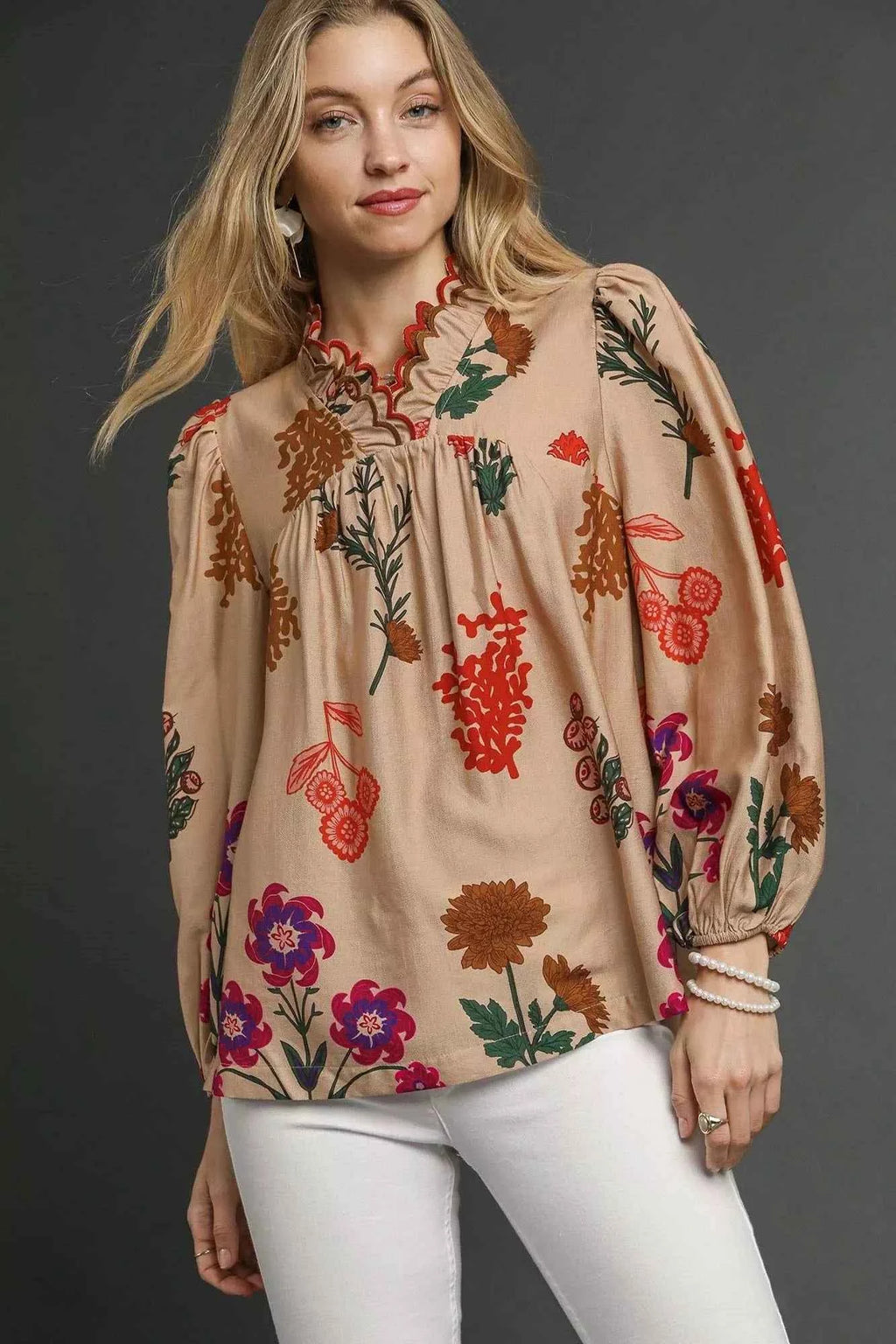 Umgee Flower Print Blouse with Scalloped Neckline TAN MIX 0a743727-06e0-49ee-8020-b77eba093c1a-Max-Origin