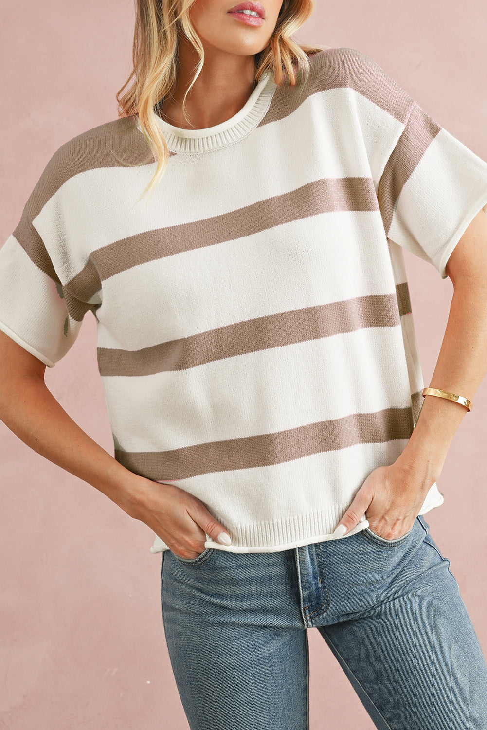 Khaki Striped Drop Shoulder Knitted Top Khaki Stripe 50%Viscose+28%Polyester+22%Polyamide 0a7b655bc842caee