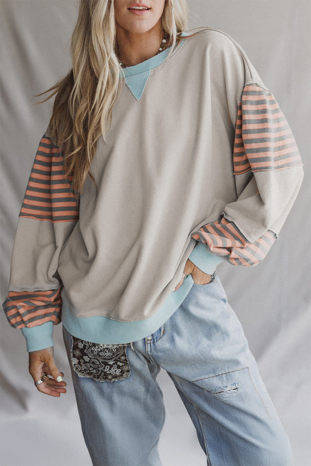 Jet Stream Colorblock Patchwork Striped Sleeve Sweatshirt Jet Stream 50%Polyester+50%Cotton 0a7e66097d912ca9
