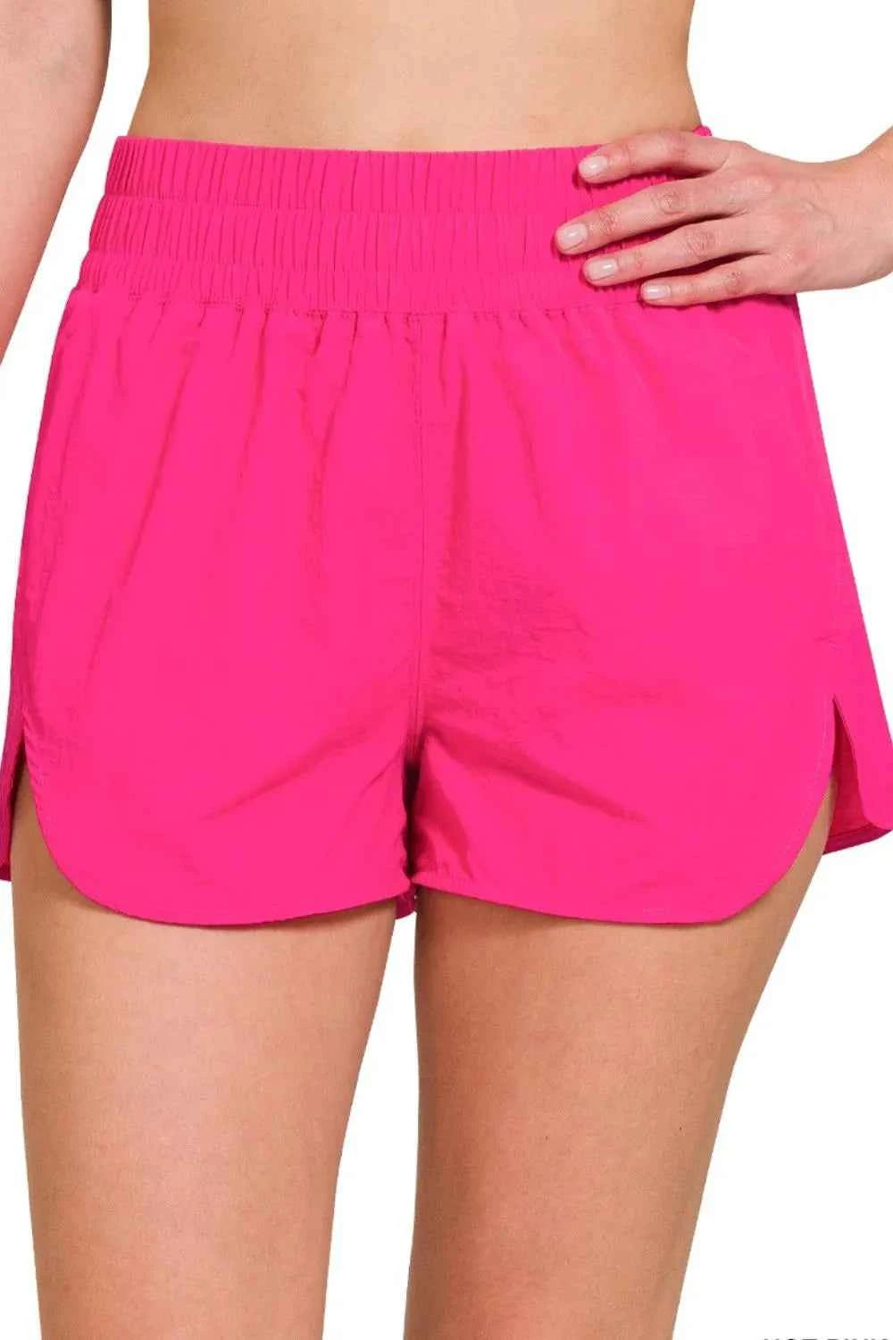 Zenana Windbreaker Smocked Waistband Running Shorts HOT PINK 0a9042ca-e507-420e-b7b9-6d8284992893-Max-Origin