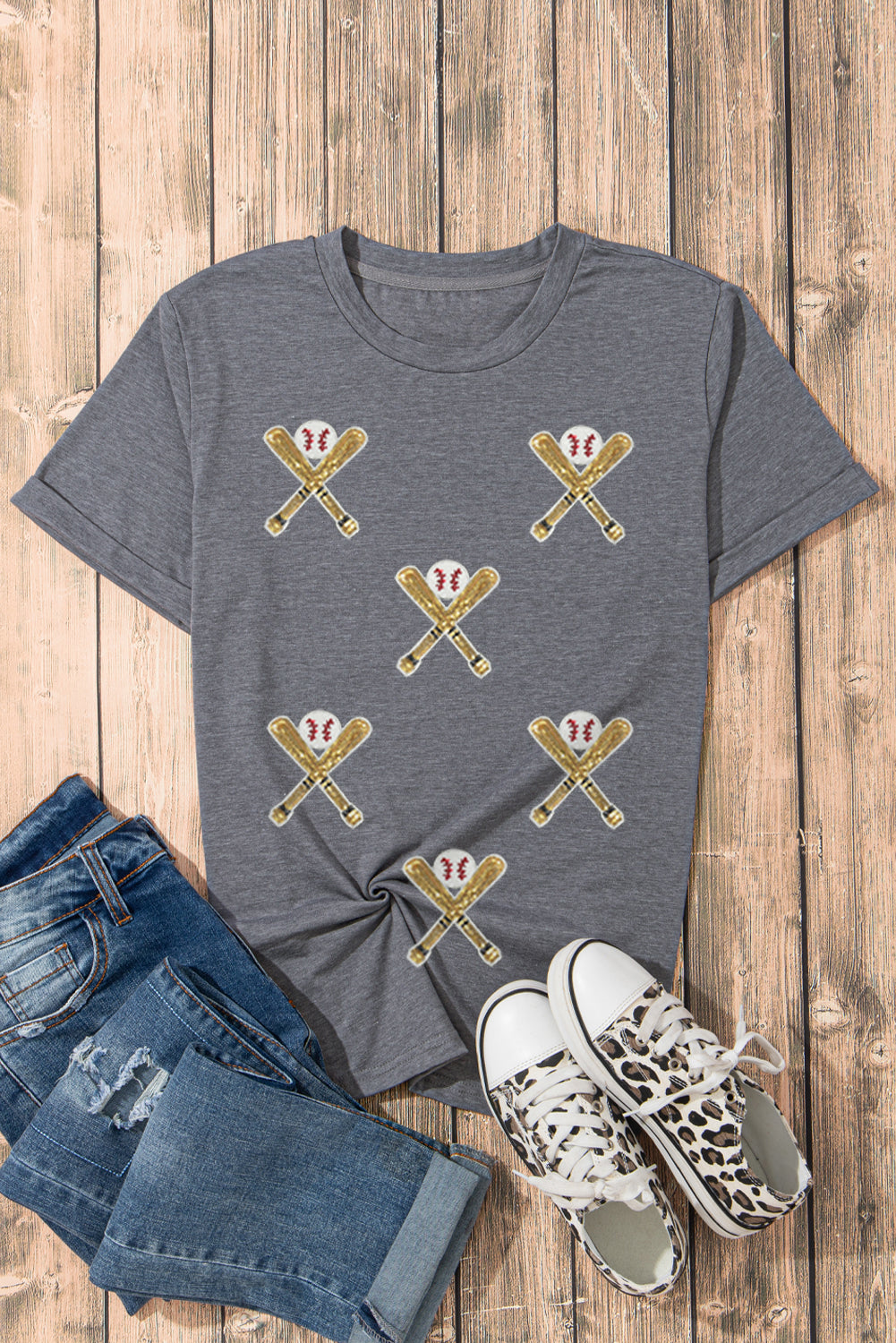 Gray Sequin Baseball Bat Graphic Game Day Casual Tee 0a92e4edae18e913