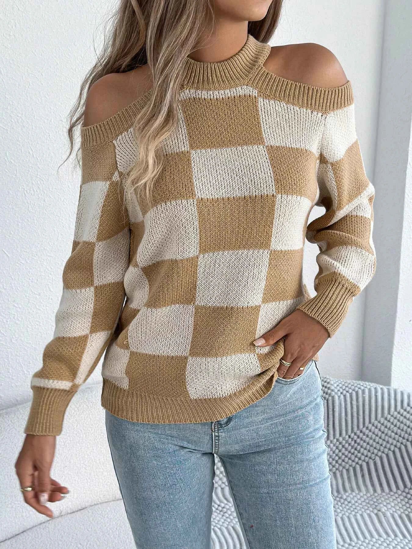 Cold Shoulder Checkered Long Sleeve Sweater 0a965435fa274189ab3038df6ce42563-Max-Origin