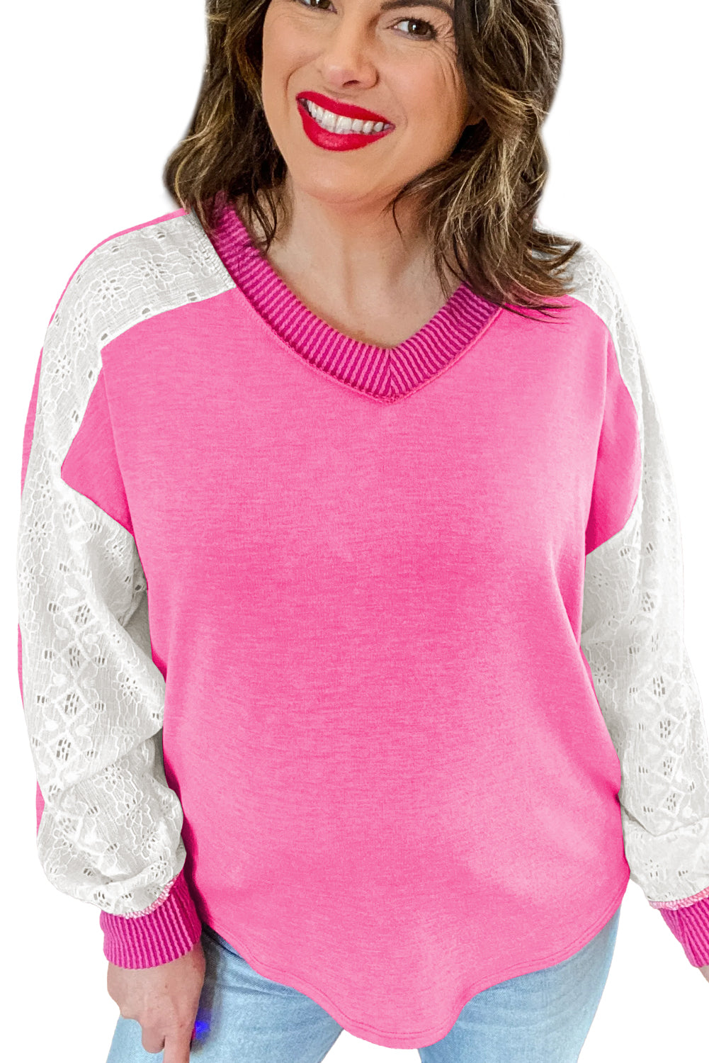 Bonbon Lace Patchwork Corded Trim Plus Size Long Sleeve Top 0a9a029a2efaf7b0