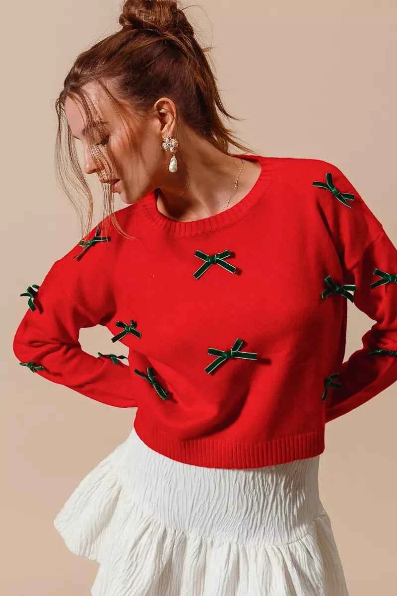 SO ME Ribbon Bow Applique Sweater RED HUNTER 0ac74be8-d30a-4afe-b542-ed4e60c0acd1-Max-Origin