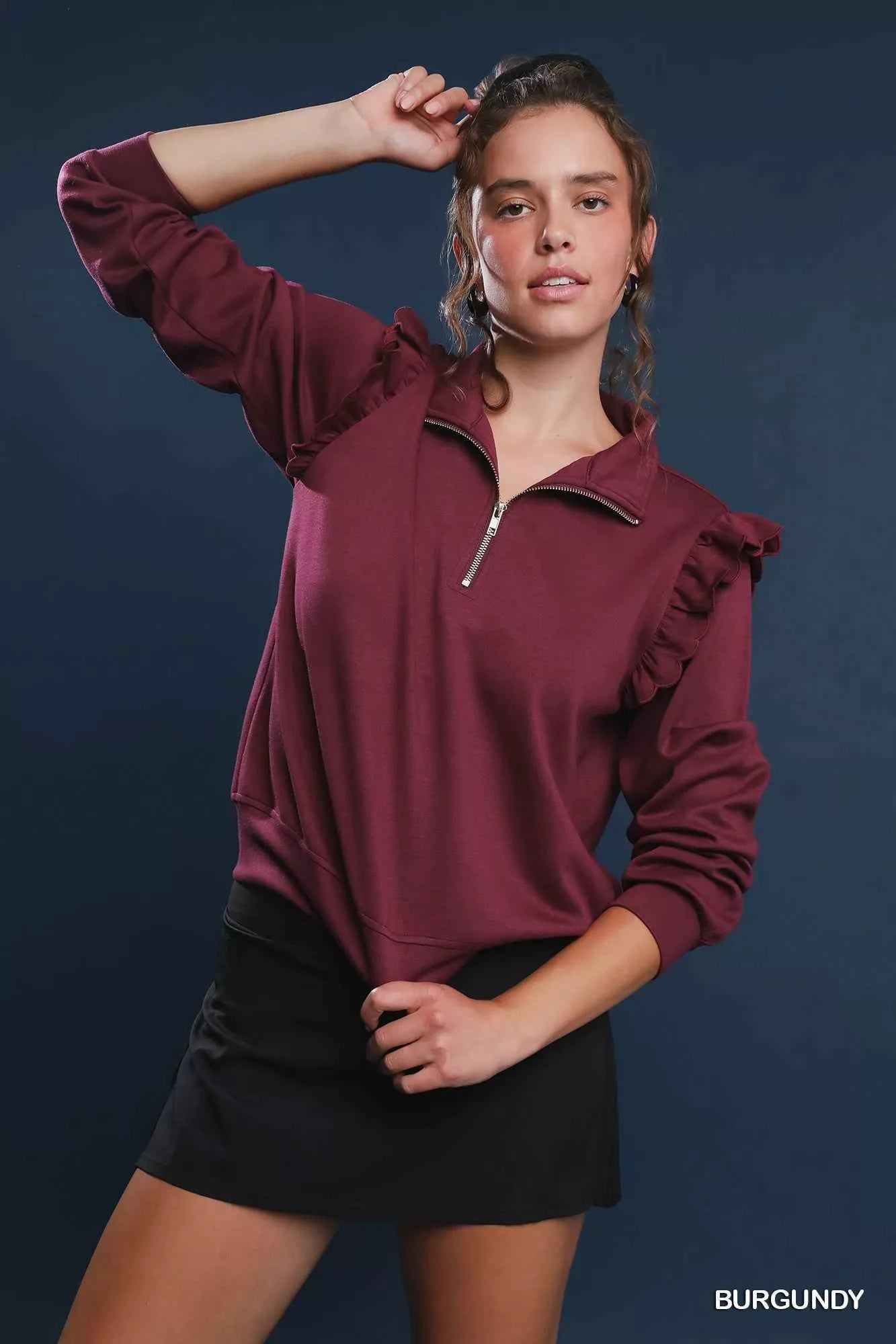Umgee Luxeknit Ruffle Shoulder Quarter-Zip Sweatshirt BURGUNDY 0acb5183-9272-4ad6-b8c9-f98ce1e6d28f-Max-Origin