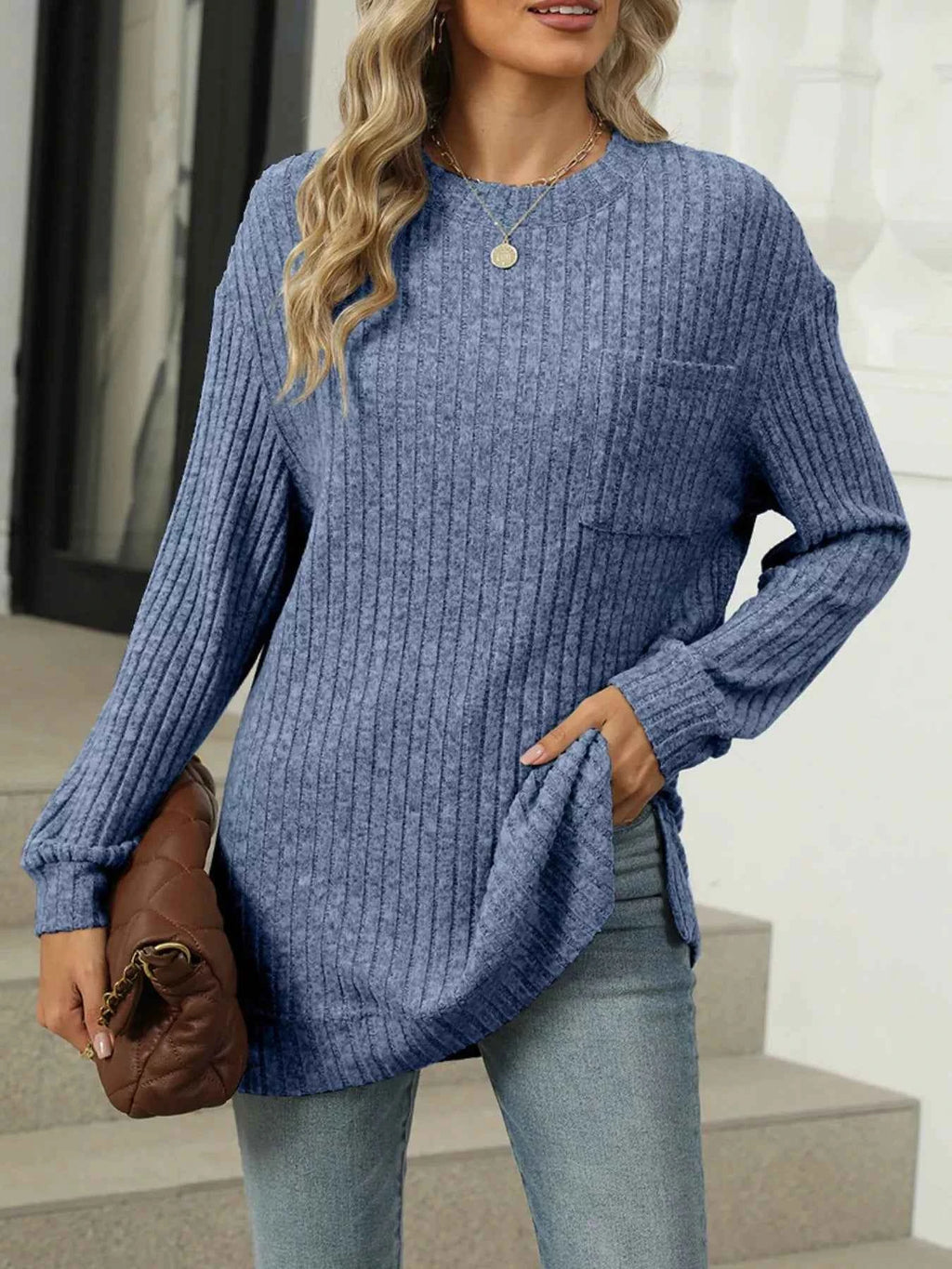 Ribbed Knit Round Neck Sweater 0af80955-984a-48da-81c1-498fc99732bf-Max-Origin