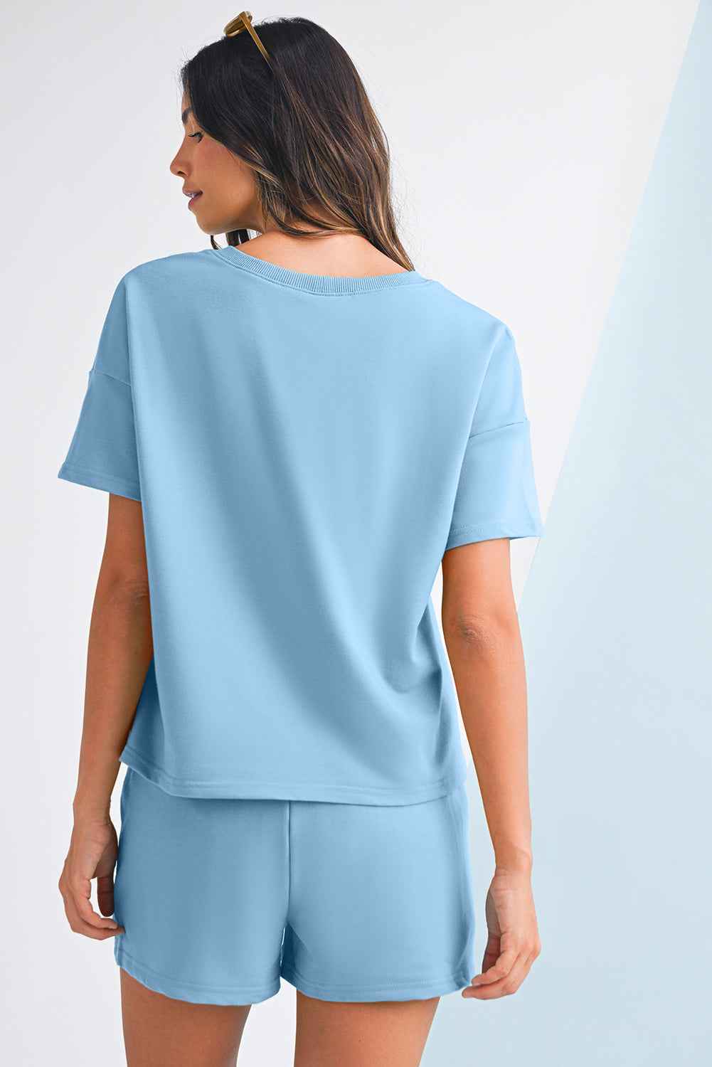 Mint Green V Neck Drop Shoulder Tee and Patchwork Shorts Set 0af95d380af99a6e