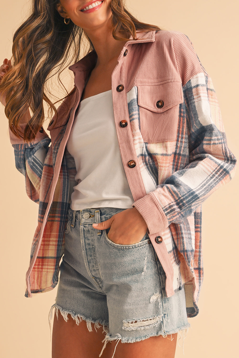 Cinnamon Plaid Corduroy Patchwork Pocket Loose Shacket 0afd6fb18dd7ffd9