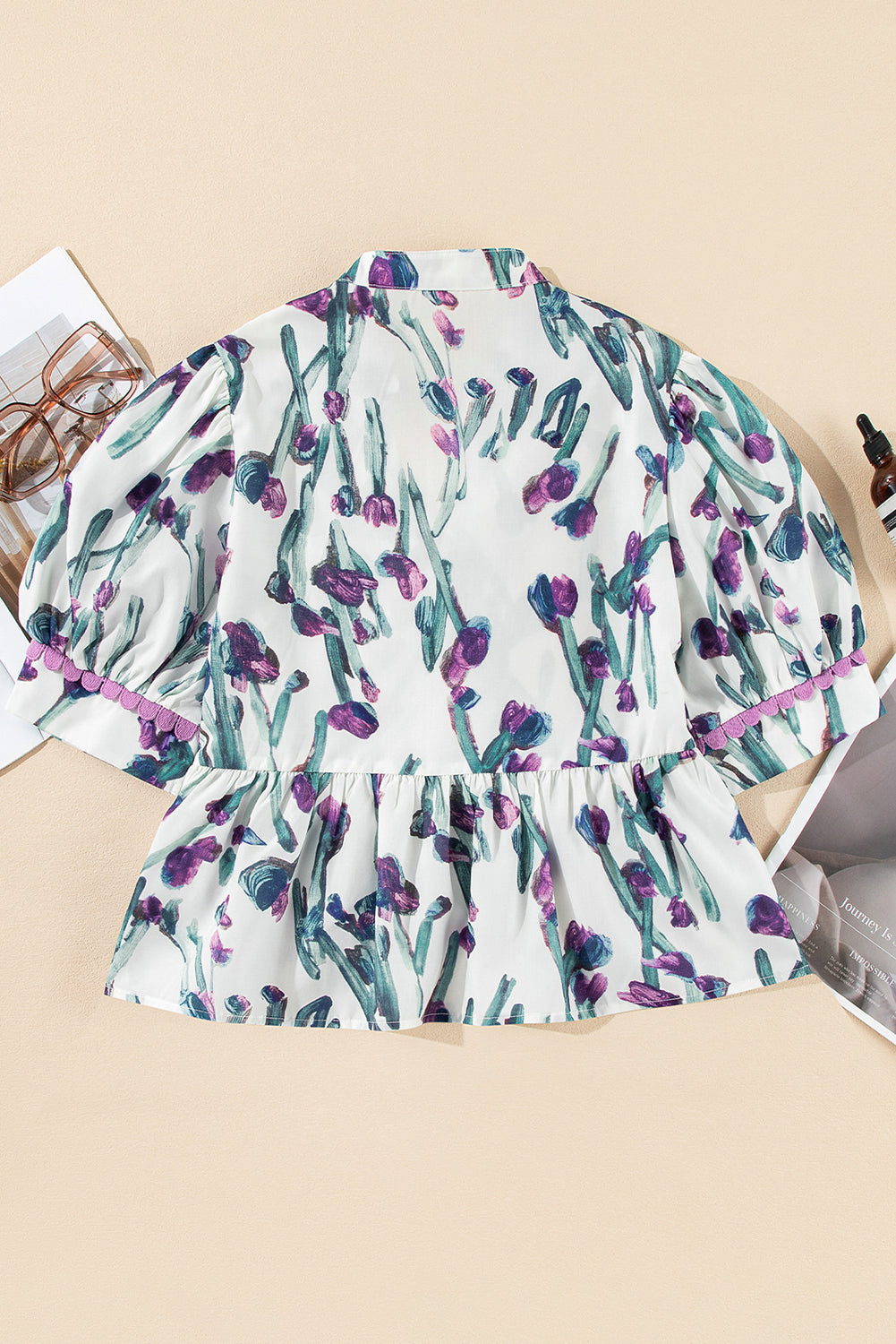 Purple Floral Ricrac Trim Puff Sleeve Peplum Blouse 0b06b53dab1a3eb8