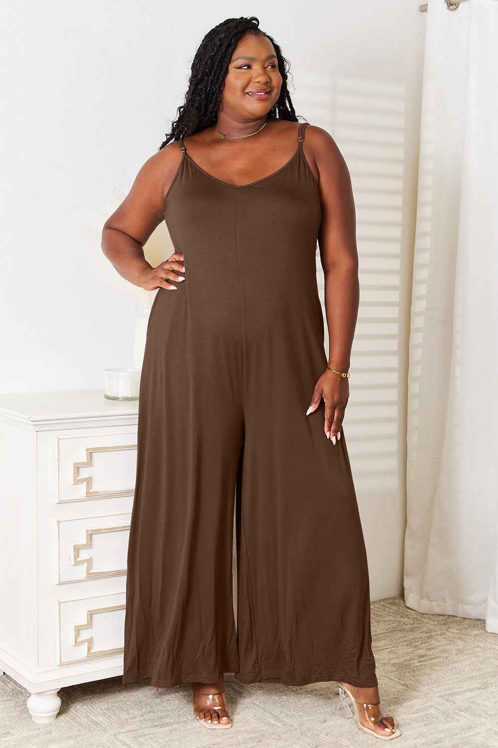 Double Take Full Size Soft Rayon Spaghetti Strap Tied Wide Leg Jumpsuit Mocha 0b096201070141a18e903716f0d2f7b0-Max