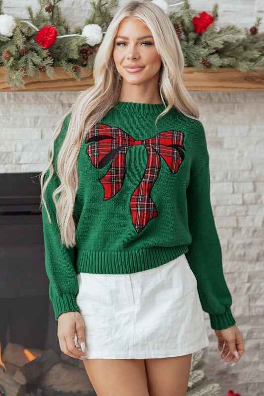 Plaid Bow Drop Shoulder Christmas Sweater