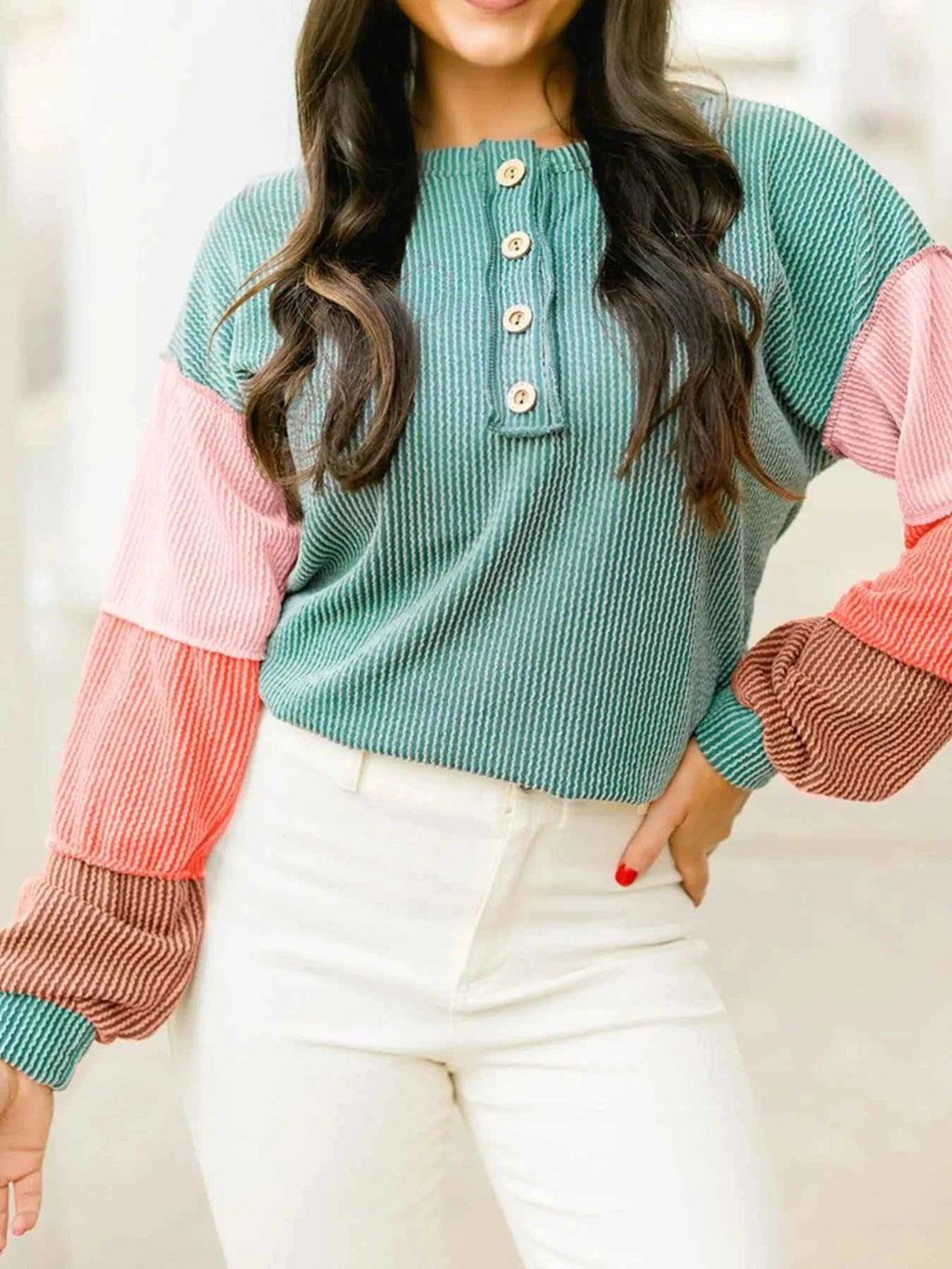Color Block Ribbed Knit Henley Sweatshirt Teal 0b381e23-ed6b-4669-98f3-9e2f2f11fa77-Max-Origin