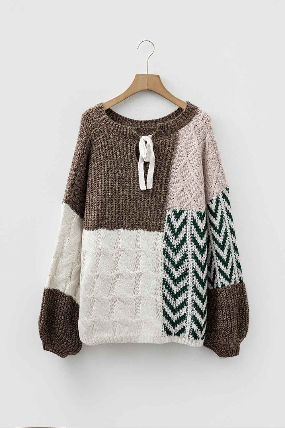 Brown Colorblock Patchwork Knotted Back Loose Fit Sweater 0b3bfd1b95b919f3