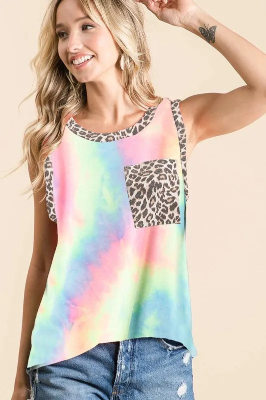 BiBi Sleeveless Tie Dye Top With Leopard Band 0b436dd5944540cea192815b9377db5e-Max-Origin