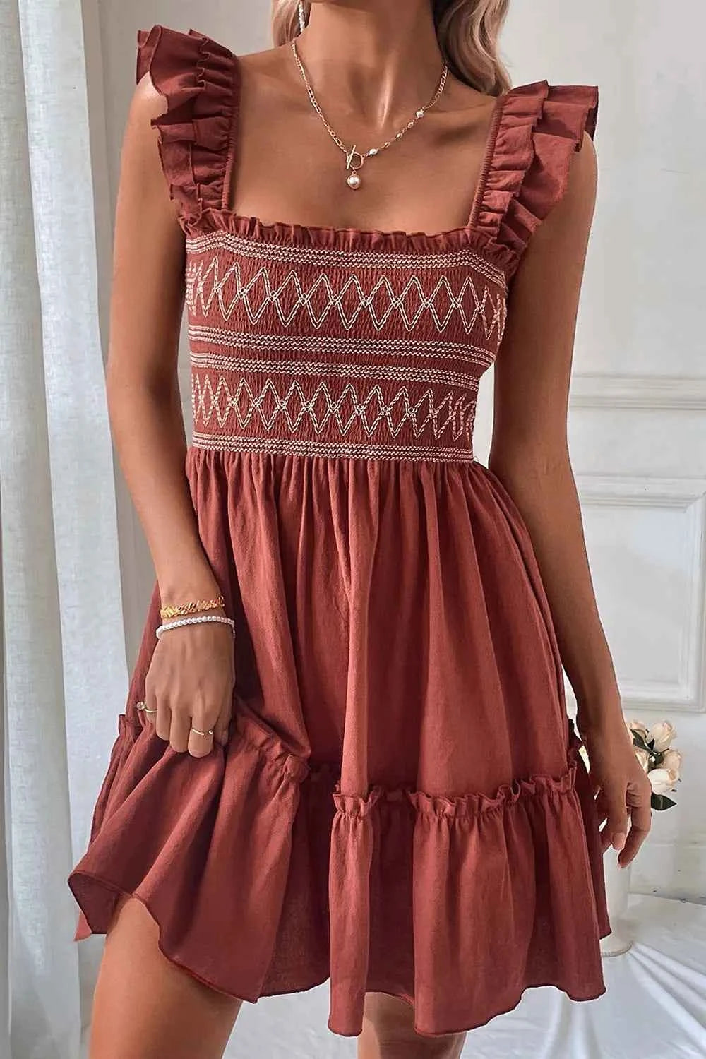 Ruffled Smocked Cap Sleeve Mini Dress Rust 0b451fb5-9b8c-4e80-a6b1-4213dfdb1c8e-Max-Origin