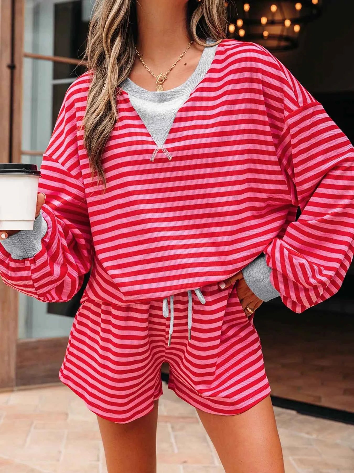 Stripe Drop Shoulder Baggy Top and Shorts Casual Set 0b476425-6d61-47b9-9337-f57e88f451ab-Max-Origin