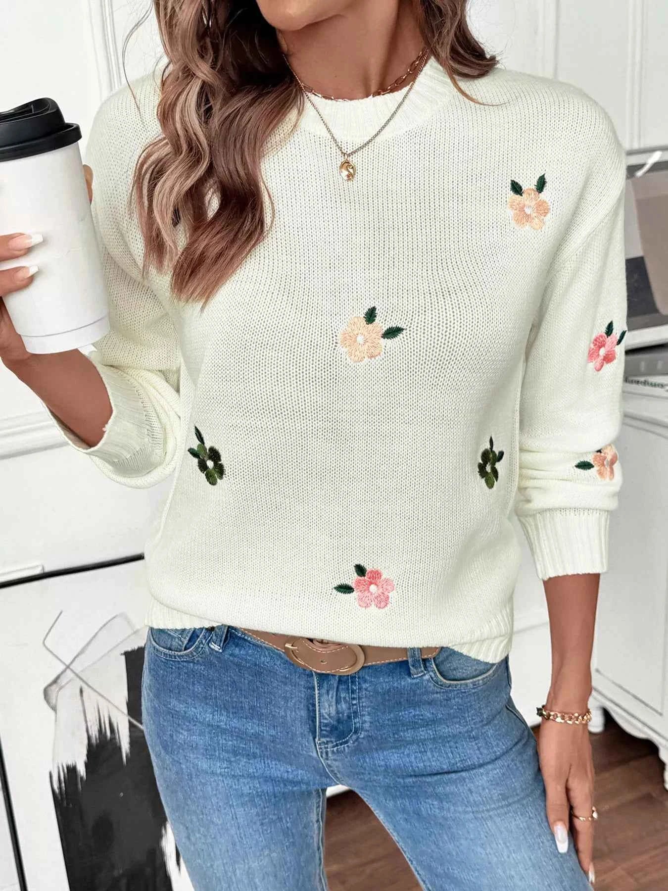 Flower Round Neck Long Sleeve Sweater 0b47f98e58a84b08bded4cb9c429e8c5-Max-Origin