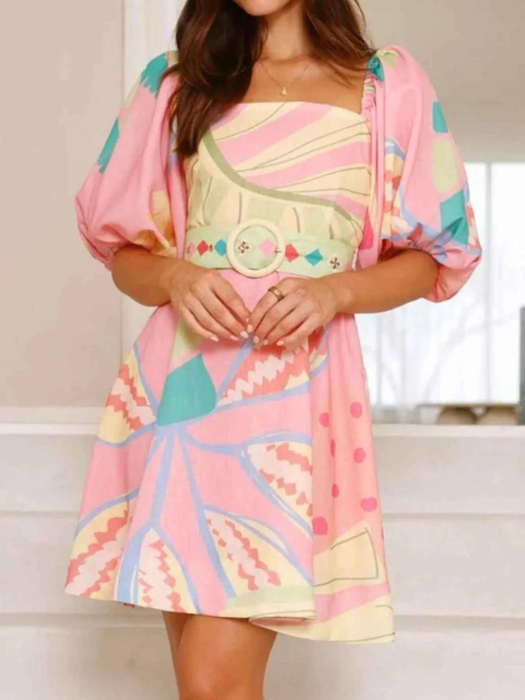 Colorful Print Belted Mini Dress with Puff Sleeves 0b6af1ef-87a4-4e3f-82d0-c338bb8d0d05-Max-Origin