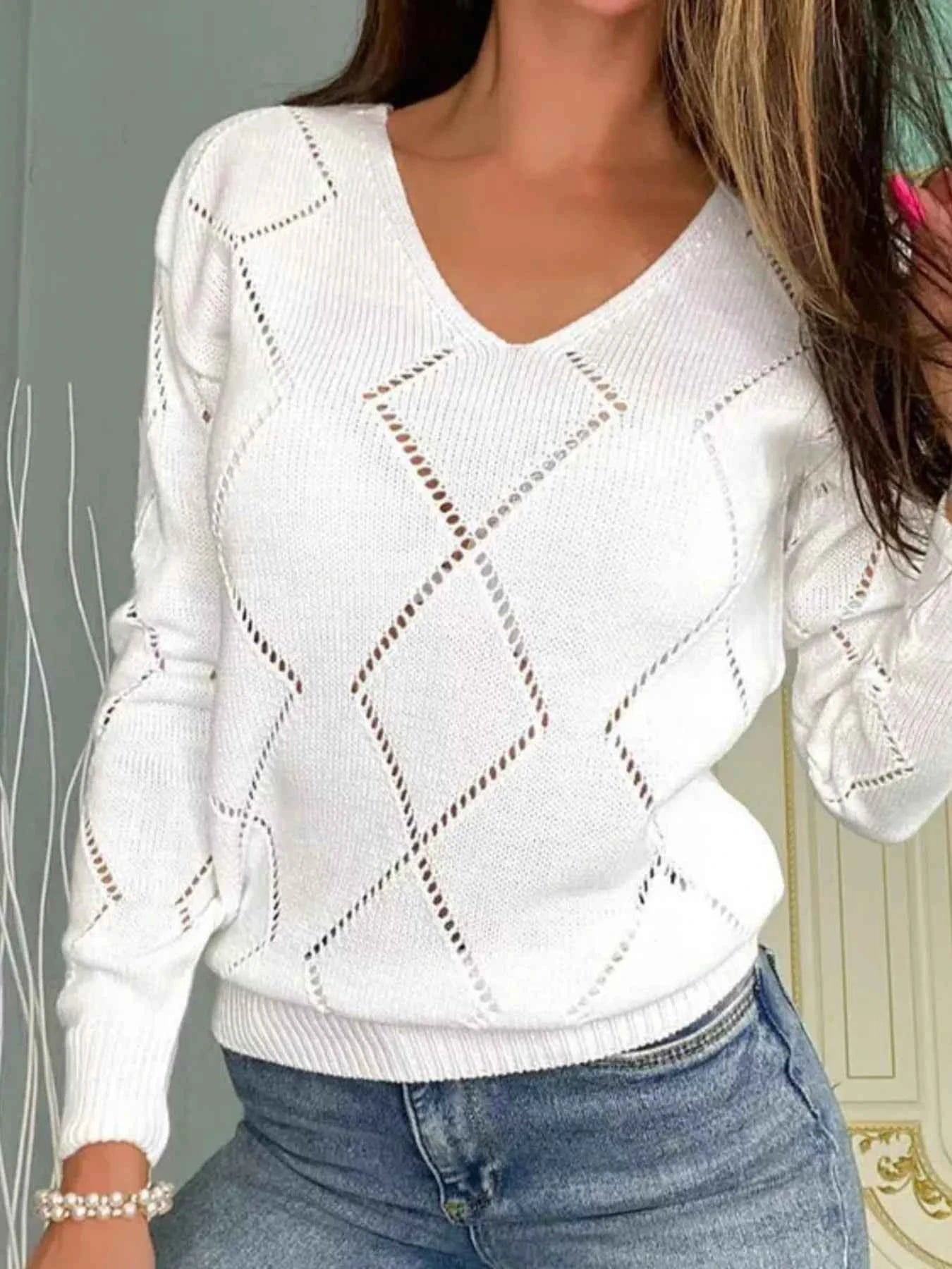 Openwork V-Neck Long Sleeve Sweater White 0b874b20aefb4f39b17a69ca92488e41-Max-Origin