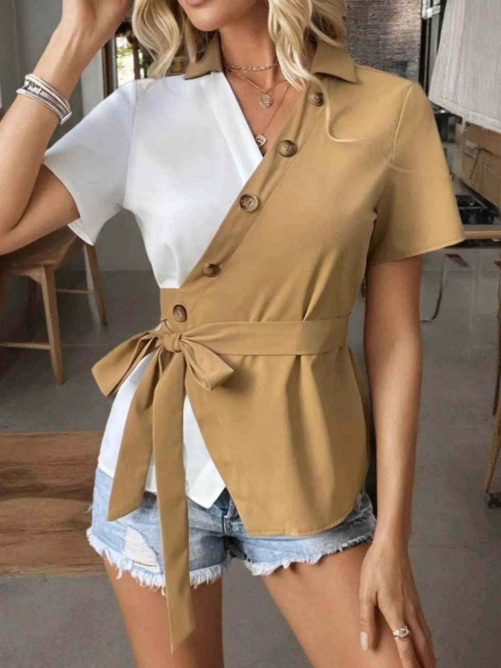 Two-Tone Short Sleeve Blouse with Tie Waist 0b9467dd3cdb495fa3b46f750431f96d-Max-Origin