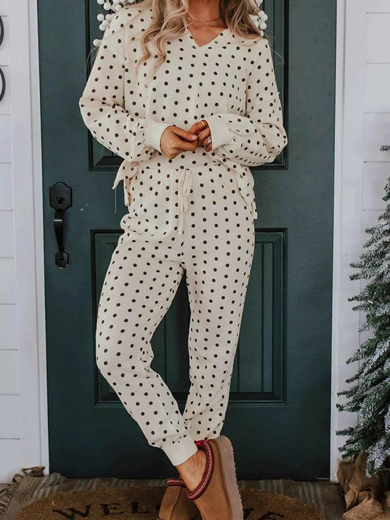 Polka Dot Notched Long Sleeve Top and Drawstring Joggers Lounge Set Dot 0b9f0f3ff37b41aa99a28cb01f3ff011-Max-Origin