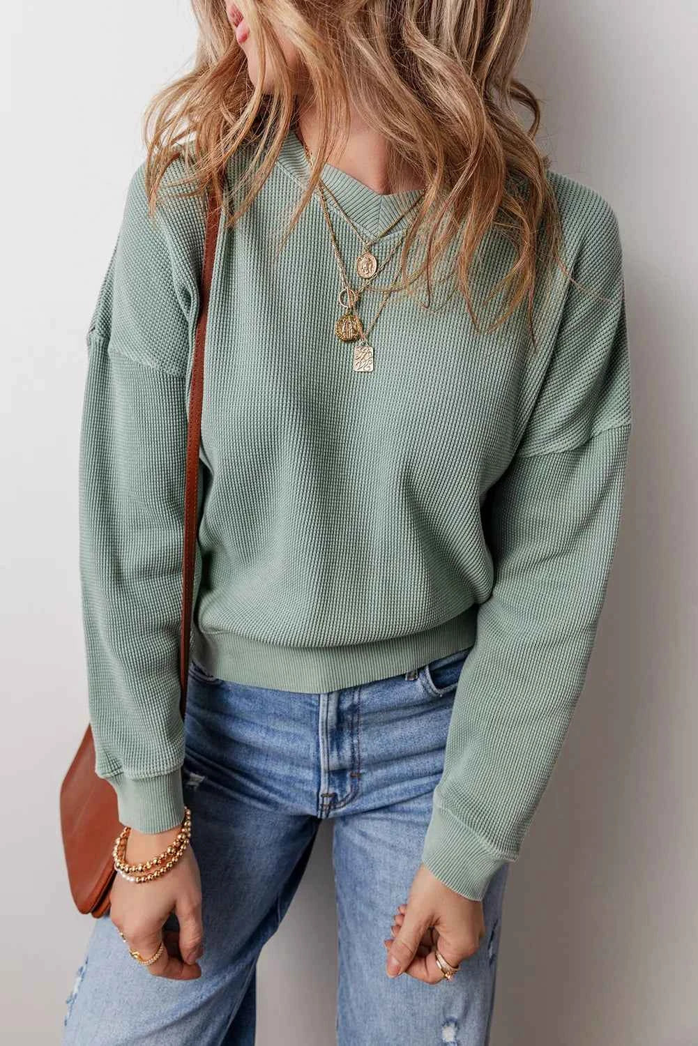 Waffle-Knit Long Sleeve Dropped Shoulder Top Sage 0baca52f-0d86-4cdb-ae84-032c687bf852-Max