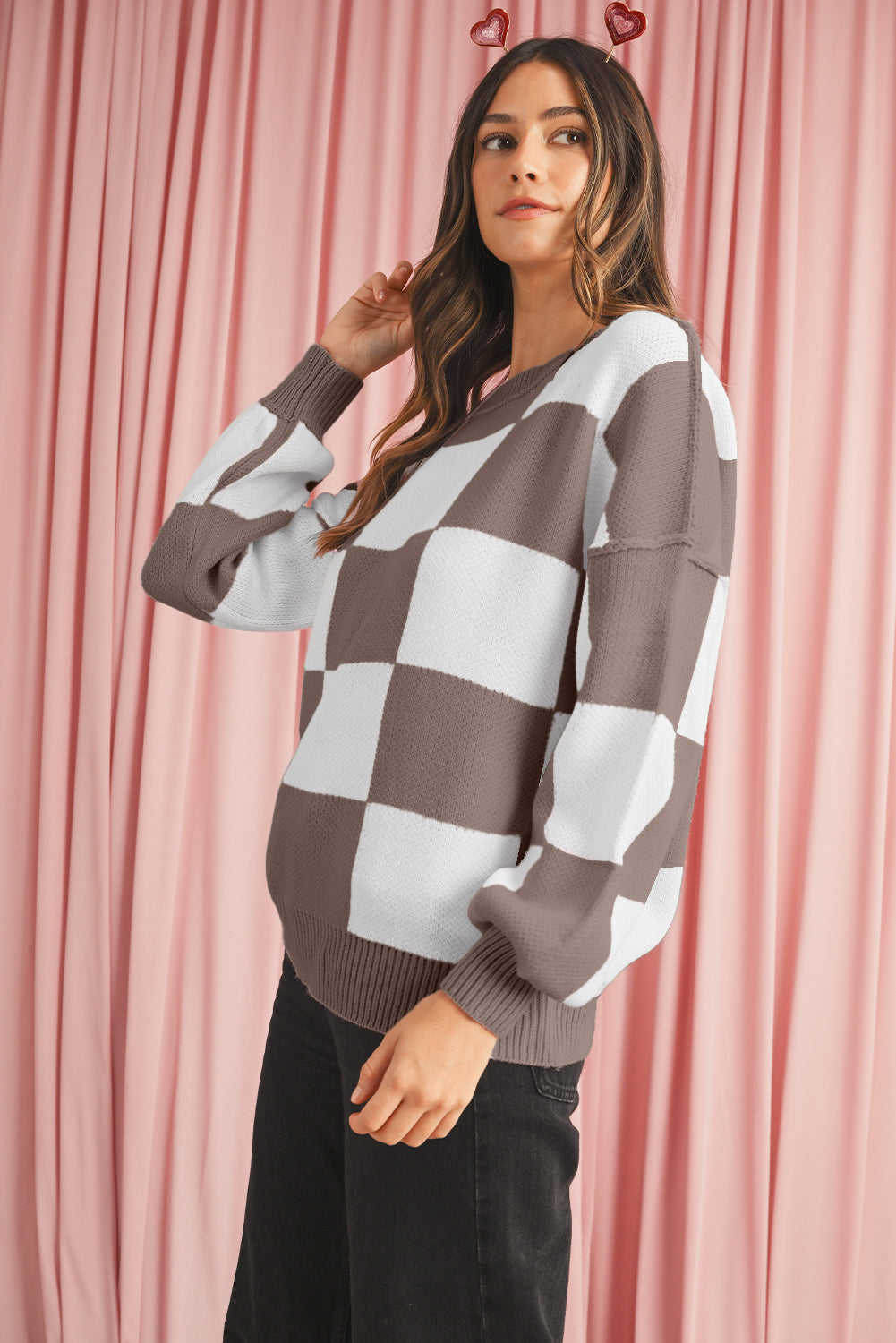 Pink Checked Bishop Sleeve Pullover Sweater 0bb00f78ff08c971