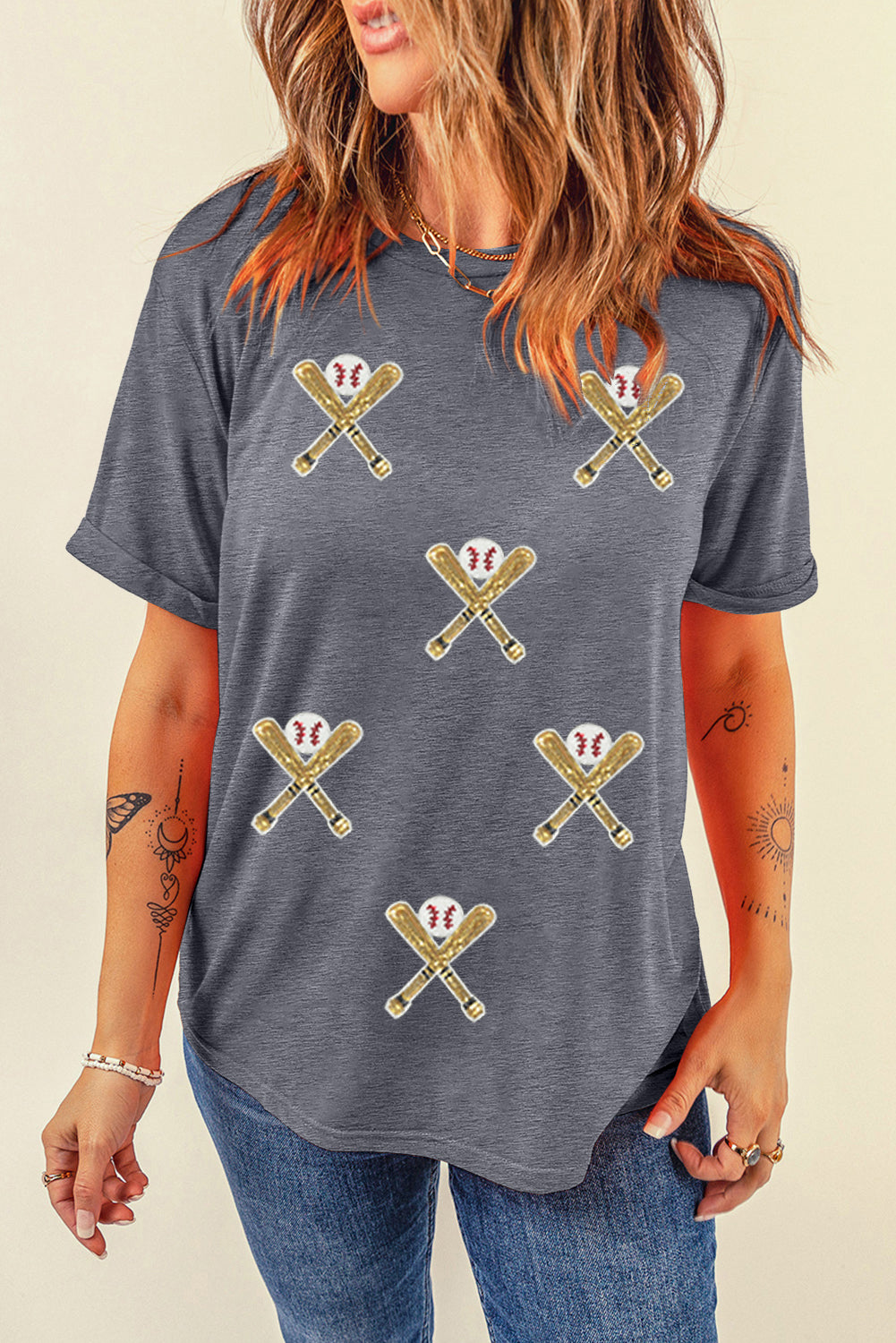 Gray Sequin Baseball Bat Graphic Game Day Casual Tee Gray 0bb77f0add4ee9f2