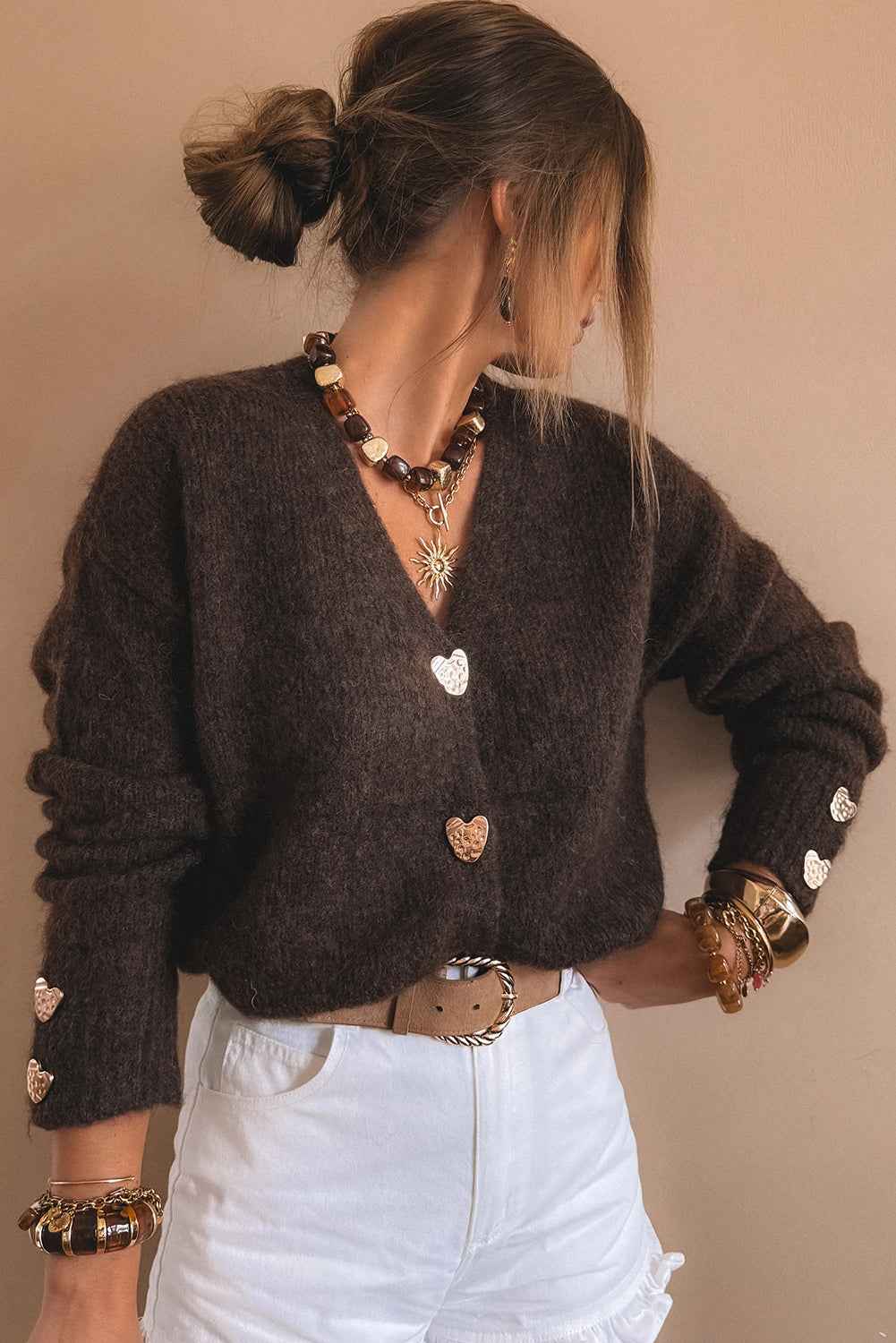 Chicory Coffee V Neck Metallic Heart Button Knit Cardigan 0bbb38c8e3236e14