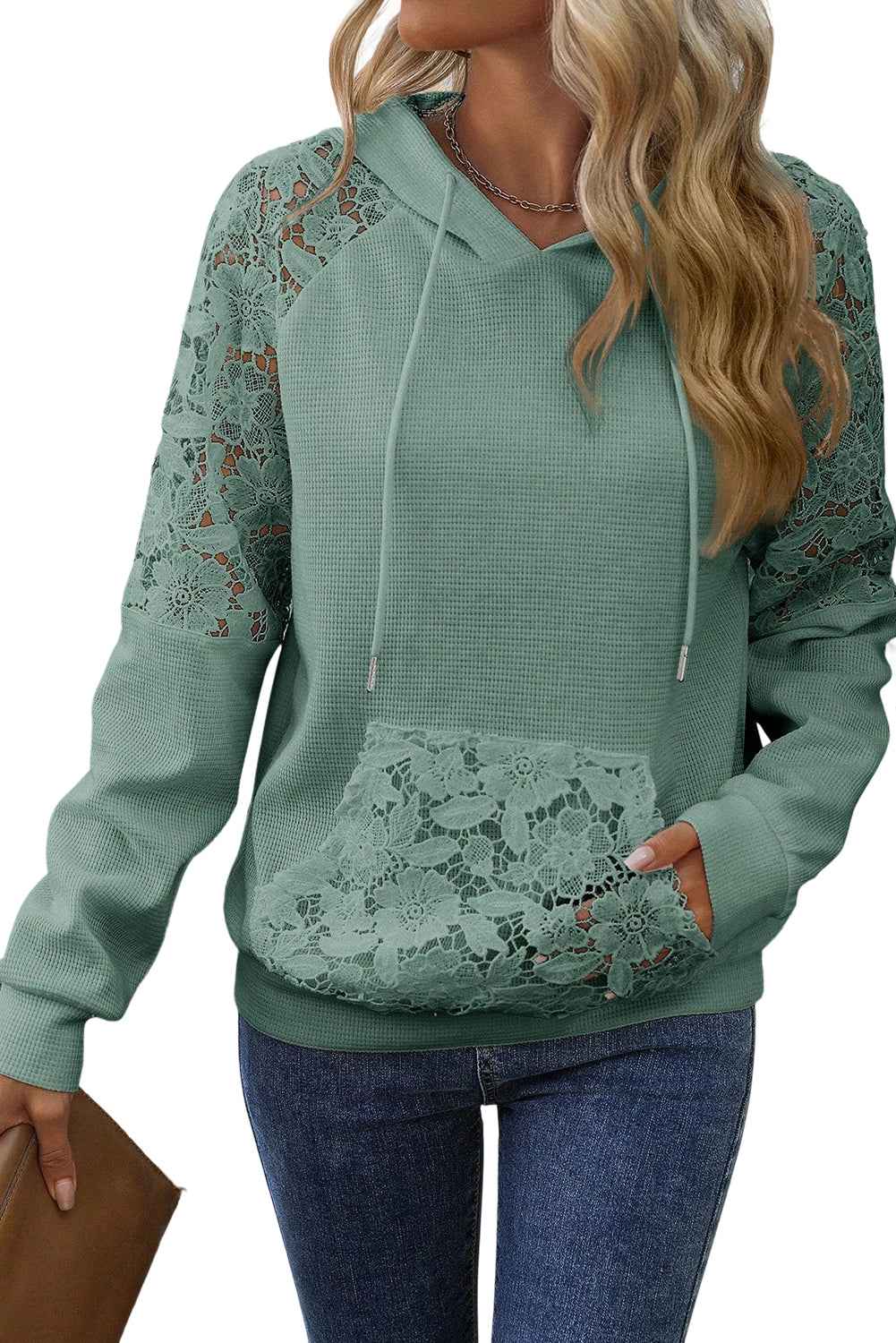 Gossamer Pink Lace Patchwork Raglan Sleeve Kangaroo Pocket Waffle Hoodie 0bd4cf29b590d4ea