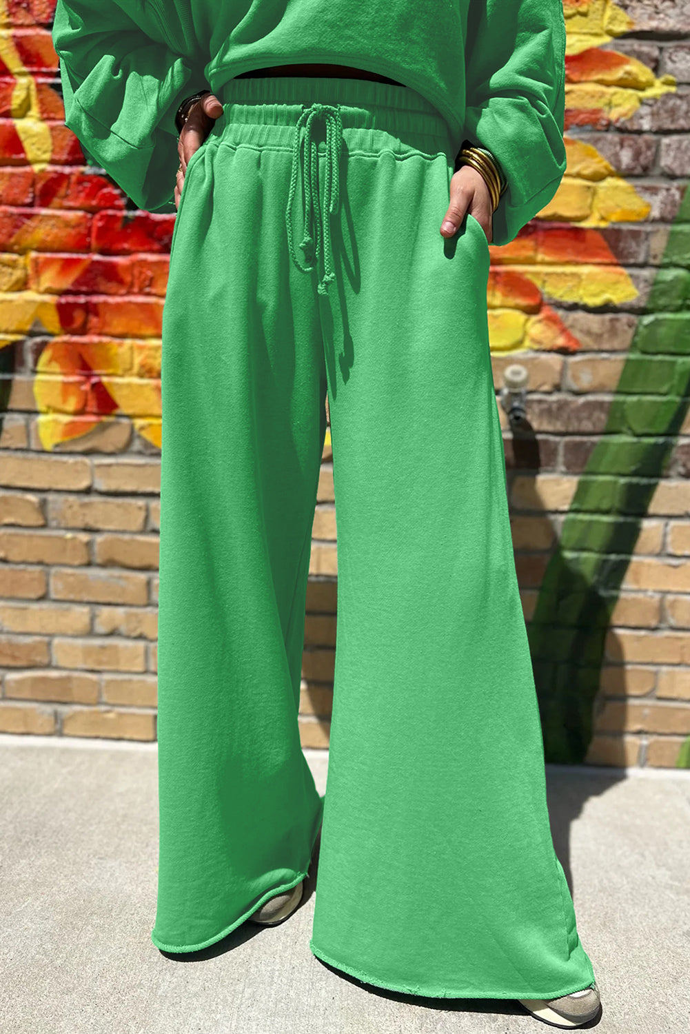 Bright Green Drop Shoulder Crop Pullover Drawstring Wide Leg Pants Set 0bd788b2cbc5f299