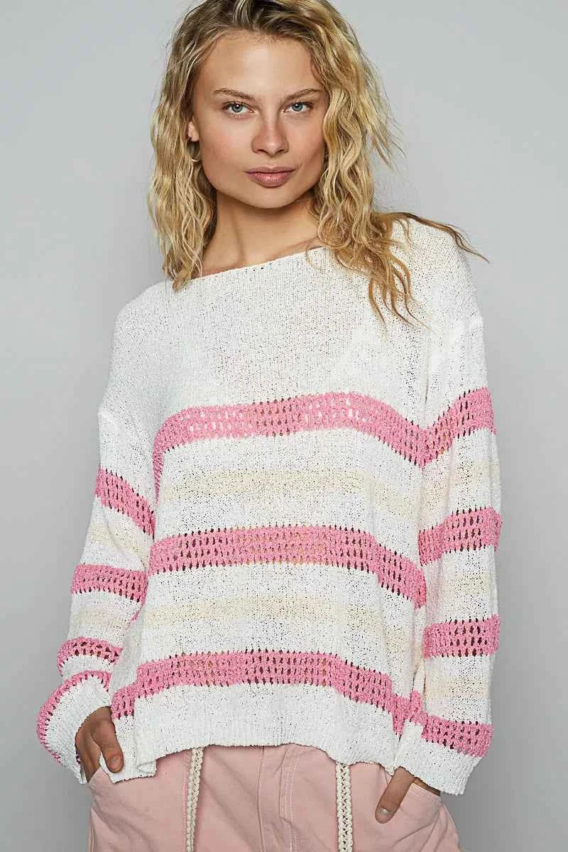 POL Striped Openwork Round Neck Knit Top IVORY PINK 0be0cda1-d5ef-4395-8d48-f5d5bf6b8289-Max-Origin