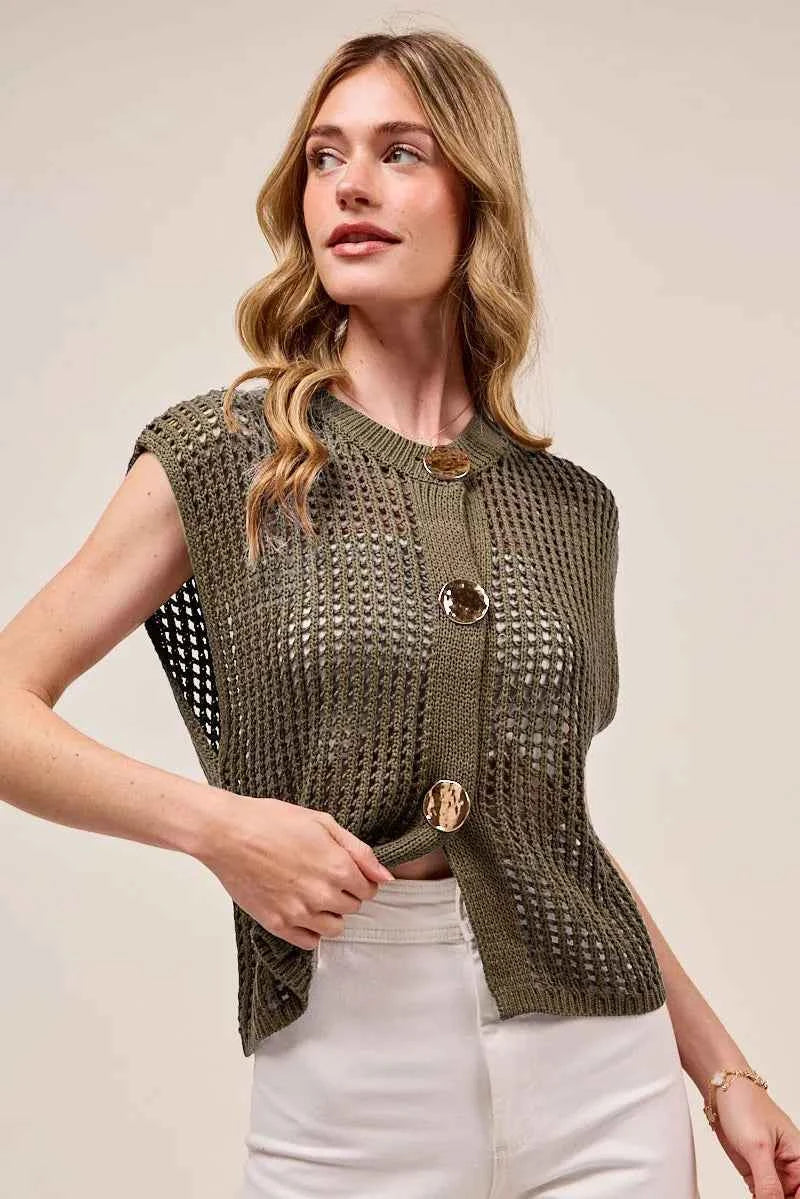 SO ME Big Metal Button Front Openwork Sweater Vest MOCHA 0becca8555ef428f864db8da67a5e1e6-Max-Origin