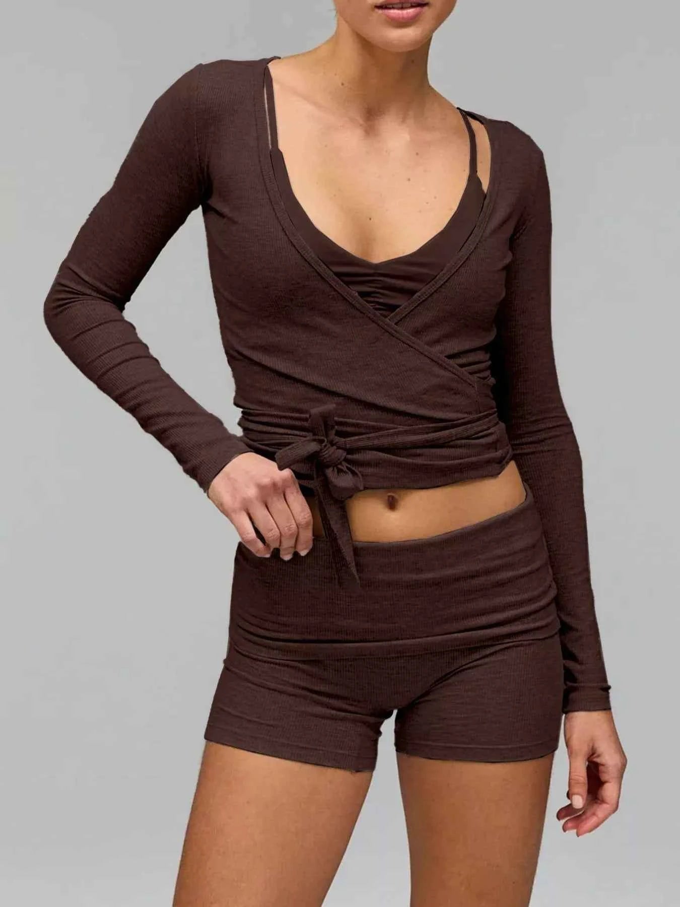 Long Sleeve Fitted T-Shirt and Shorts Set Brown 0bff692d-63dc-4713-97fa-306613a56c9f-Max-Origin