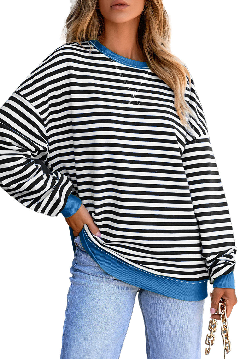 White Striped Contrast Trim Drop Shoulder Sweatshirt 0c00eab4ec8176ec