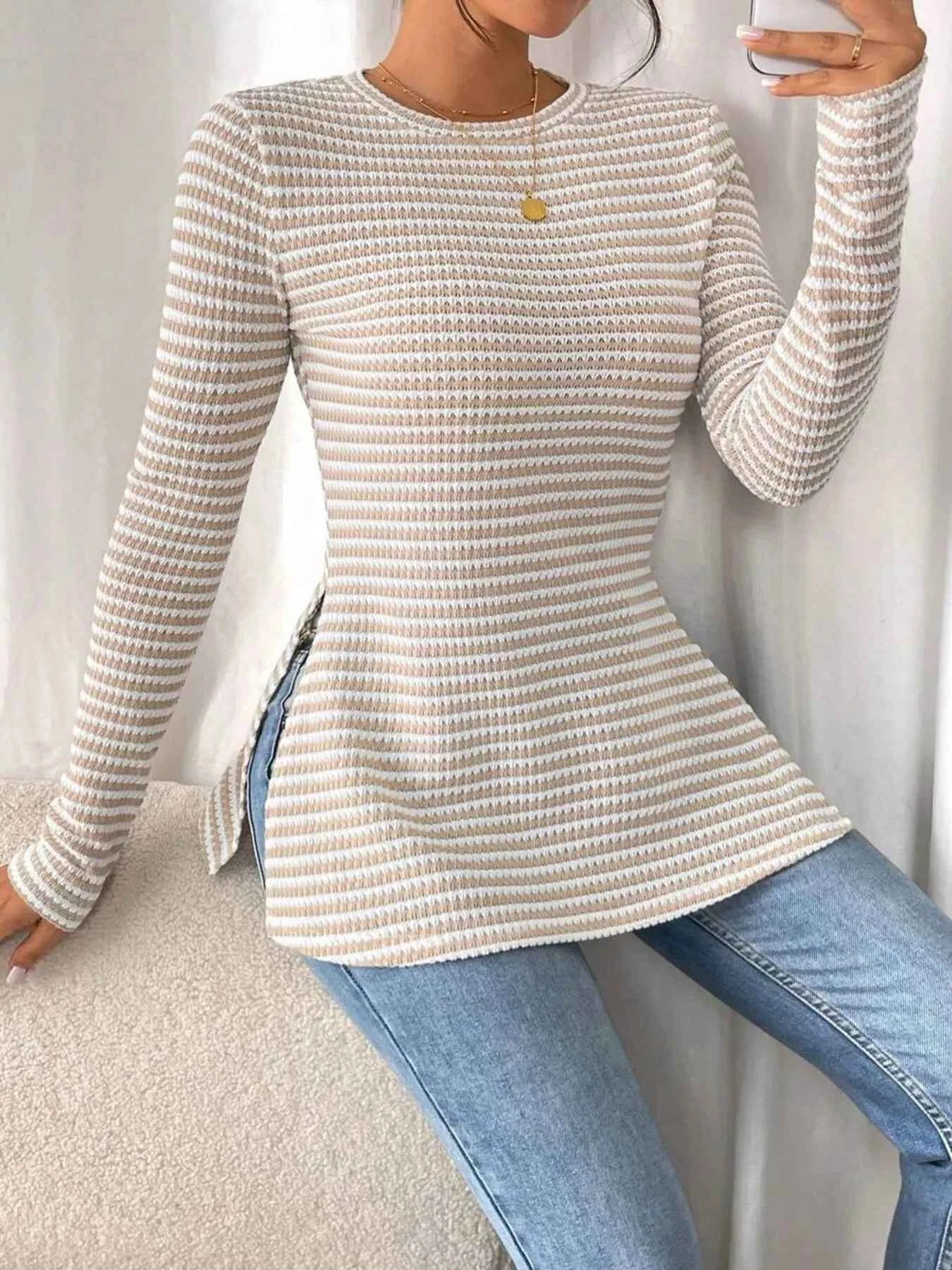 Side Slit Striped Long Sleeve T-Shirt 0c0e2876038640efb104a718437b58b6-Max-Origin