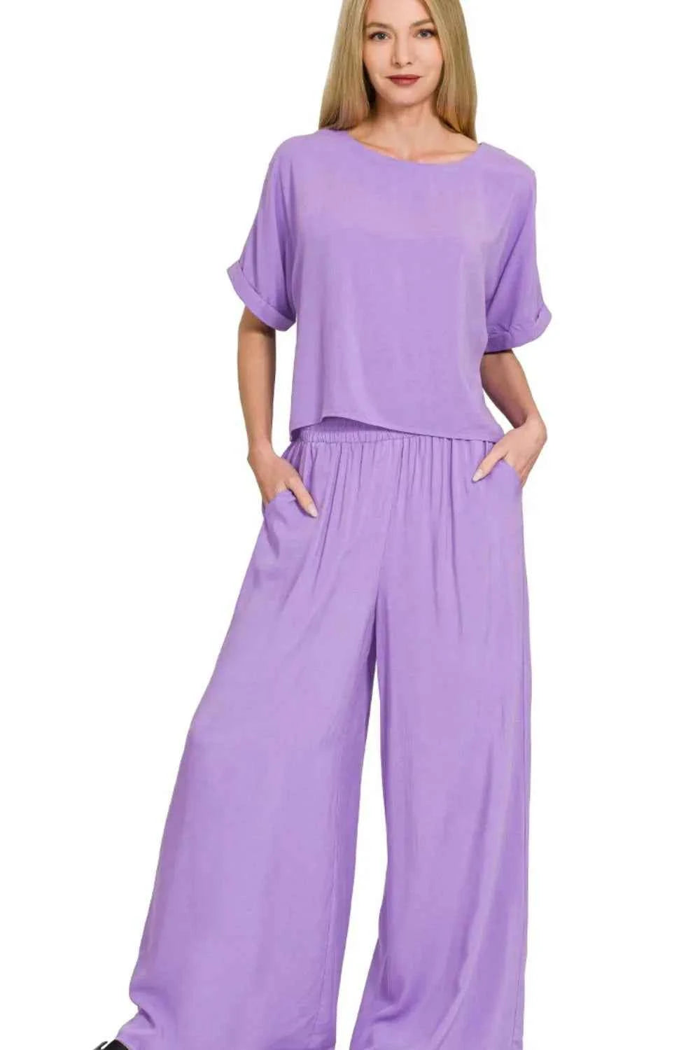 Zenana Round Neck T-Shirt and Wide Leg Pants Set LAVENDER 0c114ff8-8c80-44d1-b9de-95b219c79113-Max-Origin