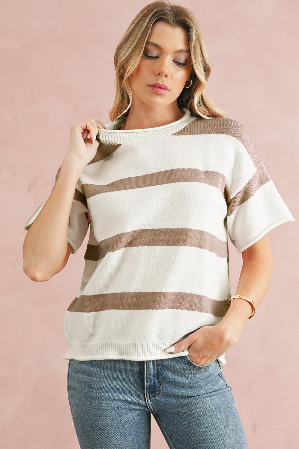 Khaki Striped Drop Shoulder Knitted Top 0c17957476abff8e