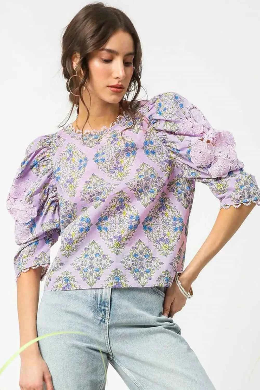 Umgee Printed Lace Puff Sleeve Blouse Pink Purple 0c19e5e4-0600-4068-8561-8590ccf8f4bd-Max-Origin
